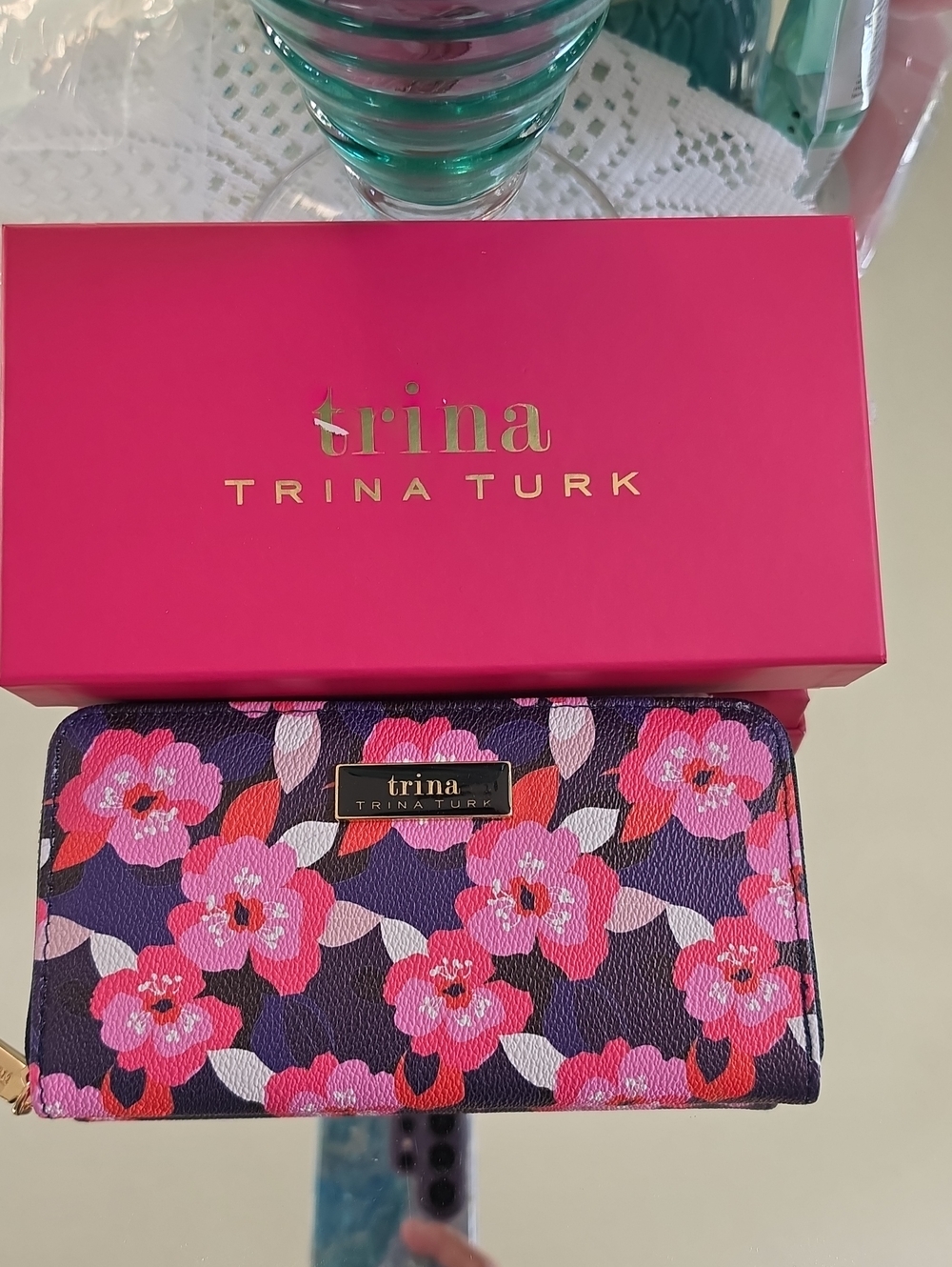 Trina Turk Pink Floral Zip-Around Wallet on Purple